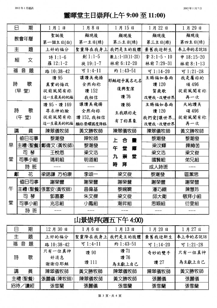 1月份司事輪值表